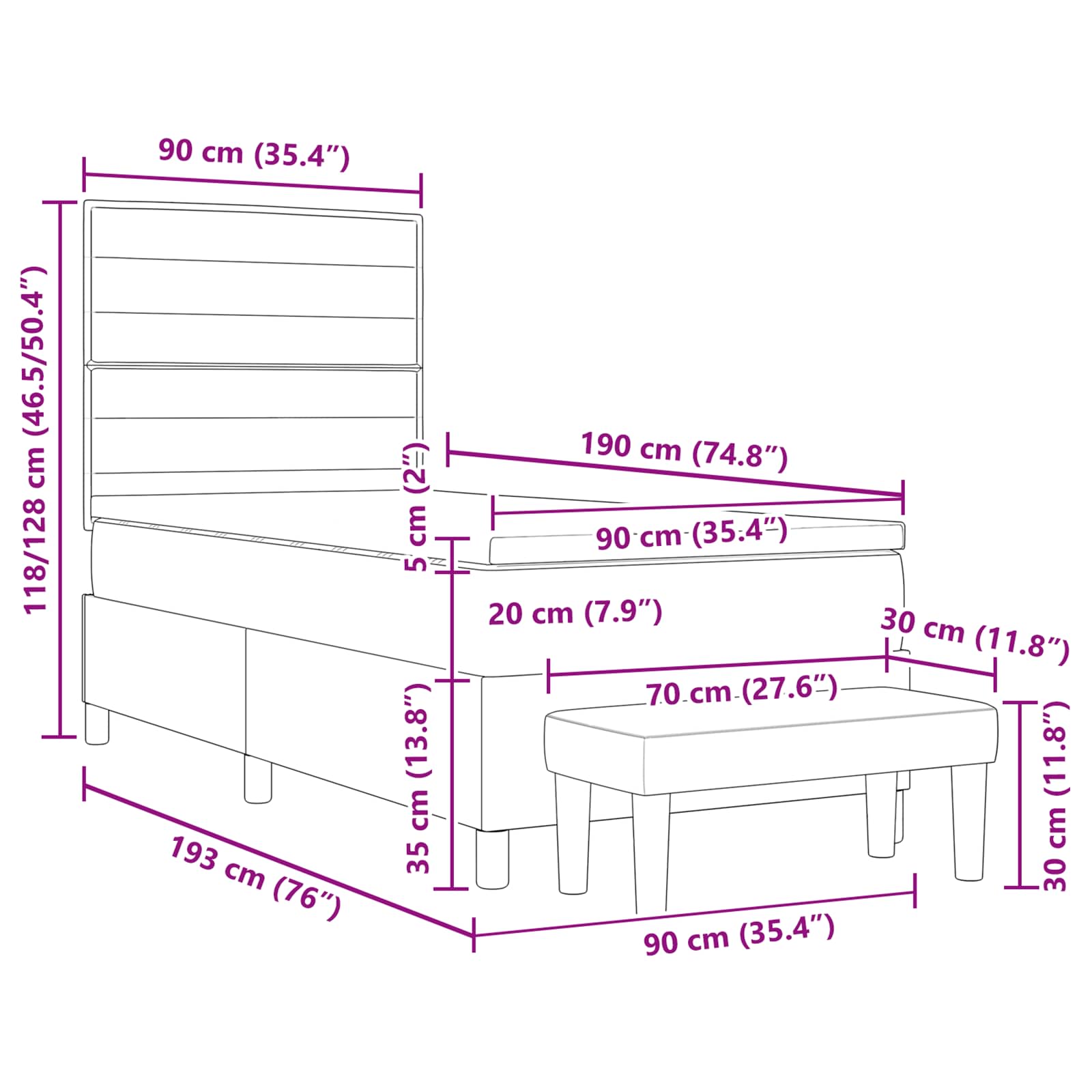 Krevet s opruga kutije s uzglavljem Crna 90 x 190 cm tkanina