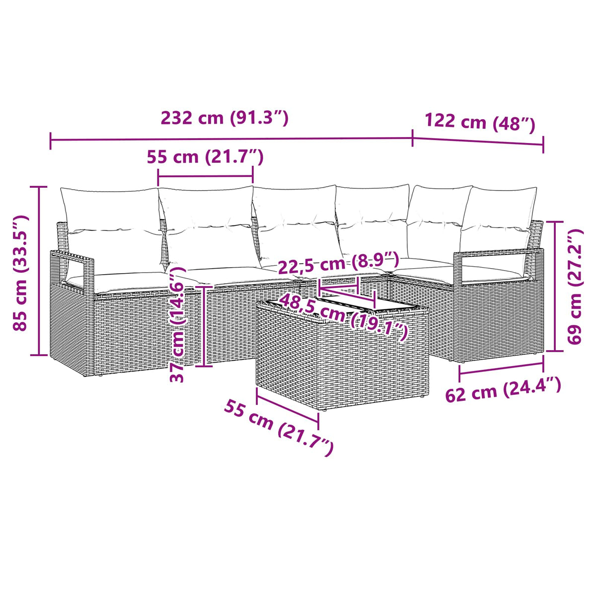 Sjedeća garnitura za vrt 6 kom. Smeđa i crvena poliratan 232 x 122 x 85 cm