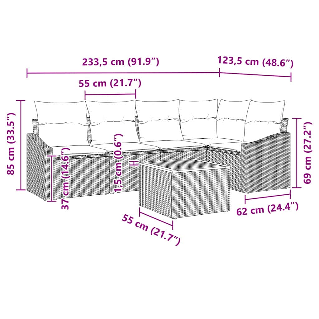 Sjedeća garnitura za vrt 6 kom. Crna i Krema poliratan 233,5 x 123,5 x 69 cm