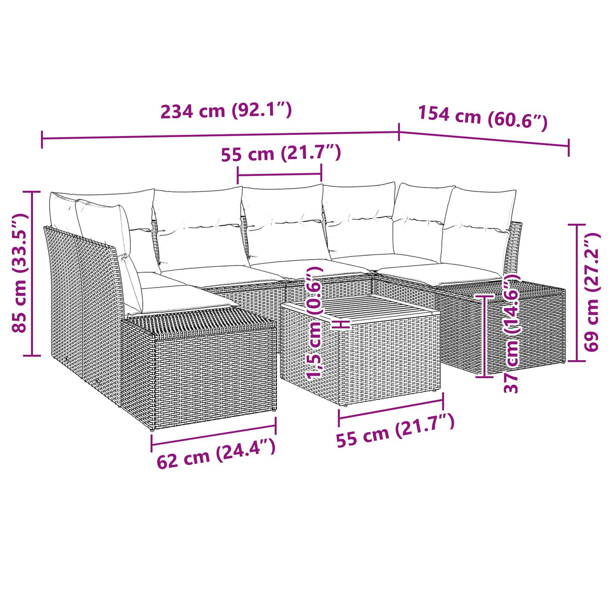 Sjedeća garnitura za vrt 7 kom. Crna i Tirkizna poliratan 234 x 154 x 69 cm