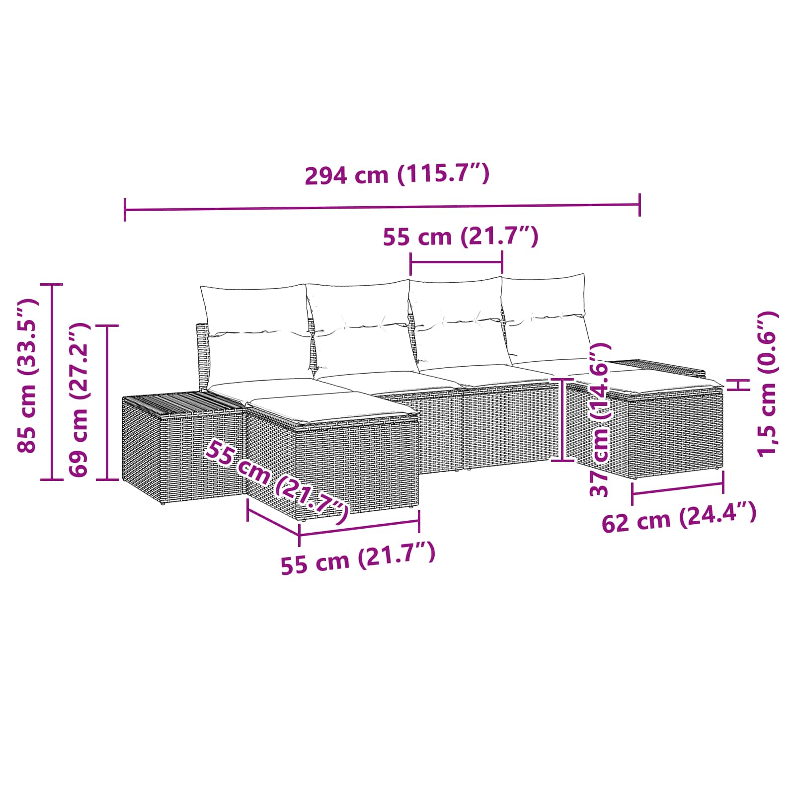 Sjedeća garnitura za vrt s jastukom 6 pcs Crna Poli Ratan