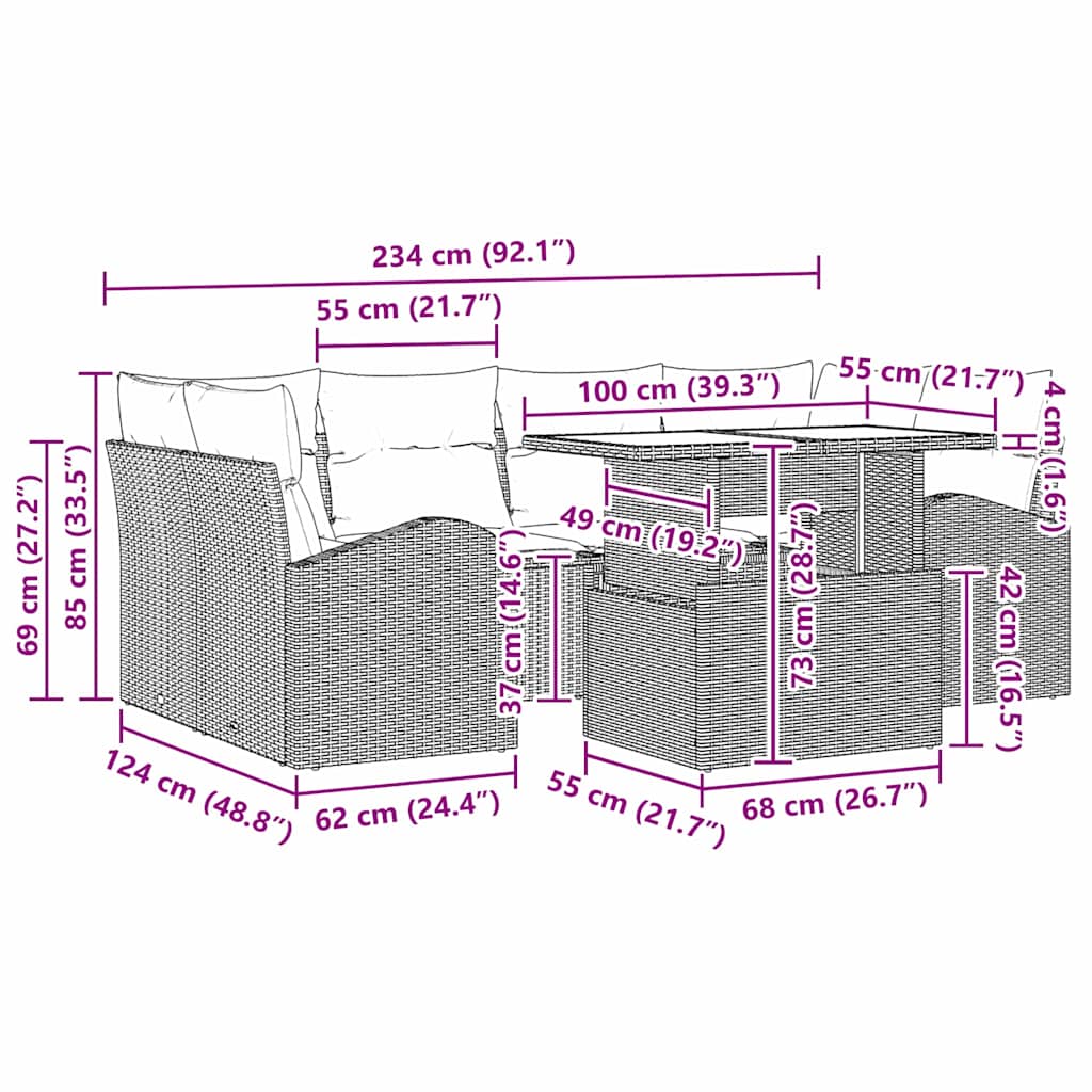 Sjedeća garnitura za vrt 7 pcs Svijetlo siva Poli Ratan