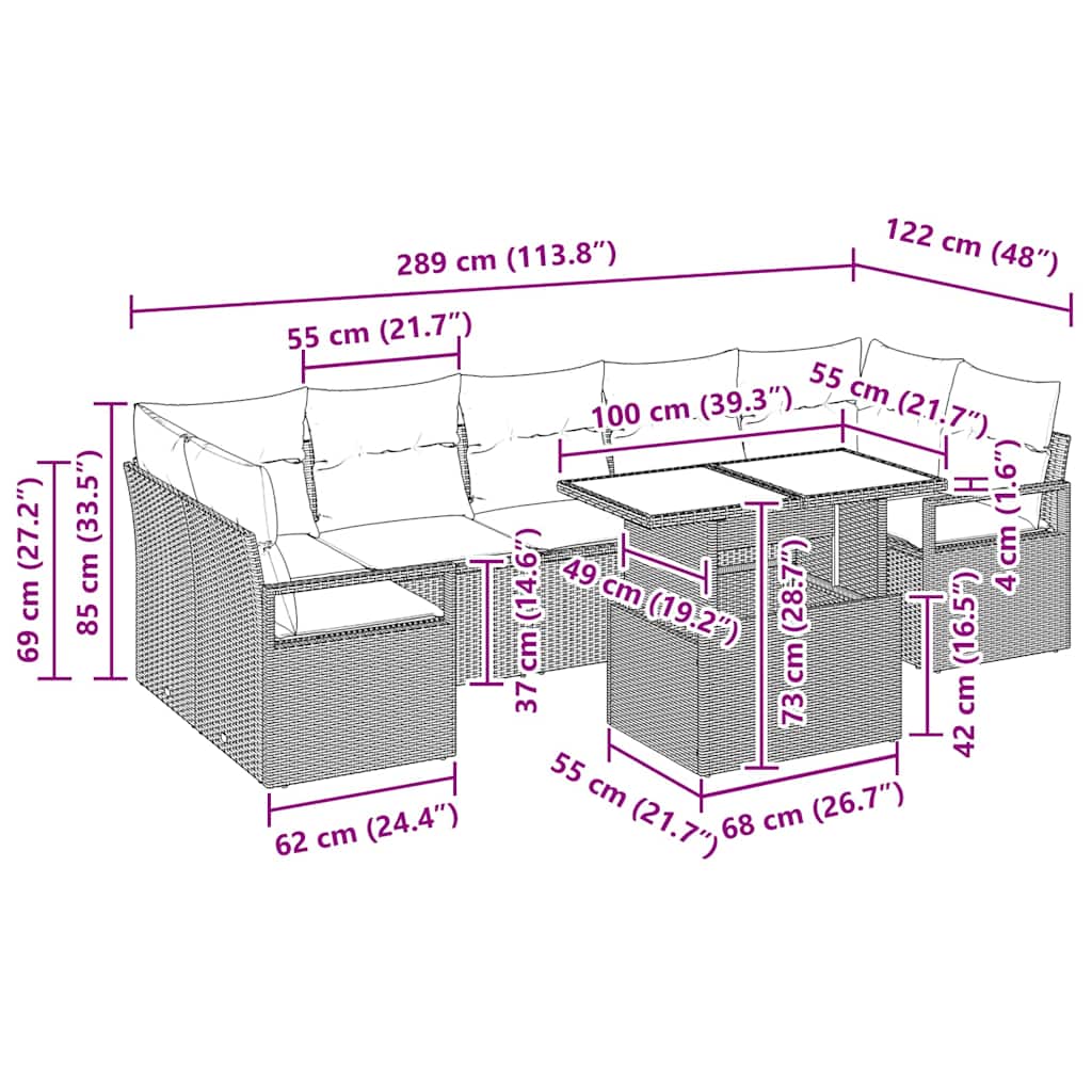 Sjedeća garnitura za vrt s pohranom 8 pcs Siva Poli ratan