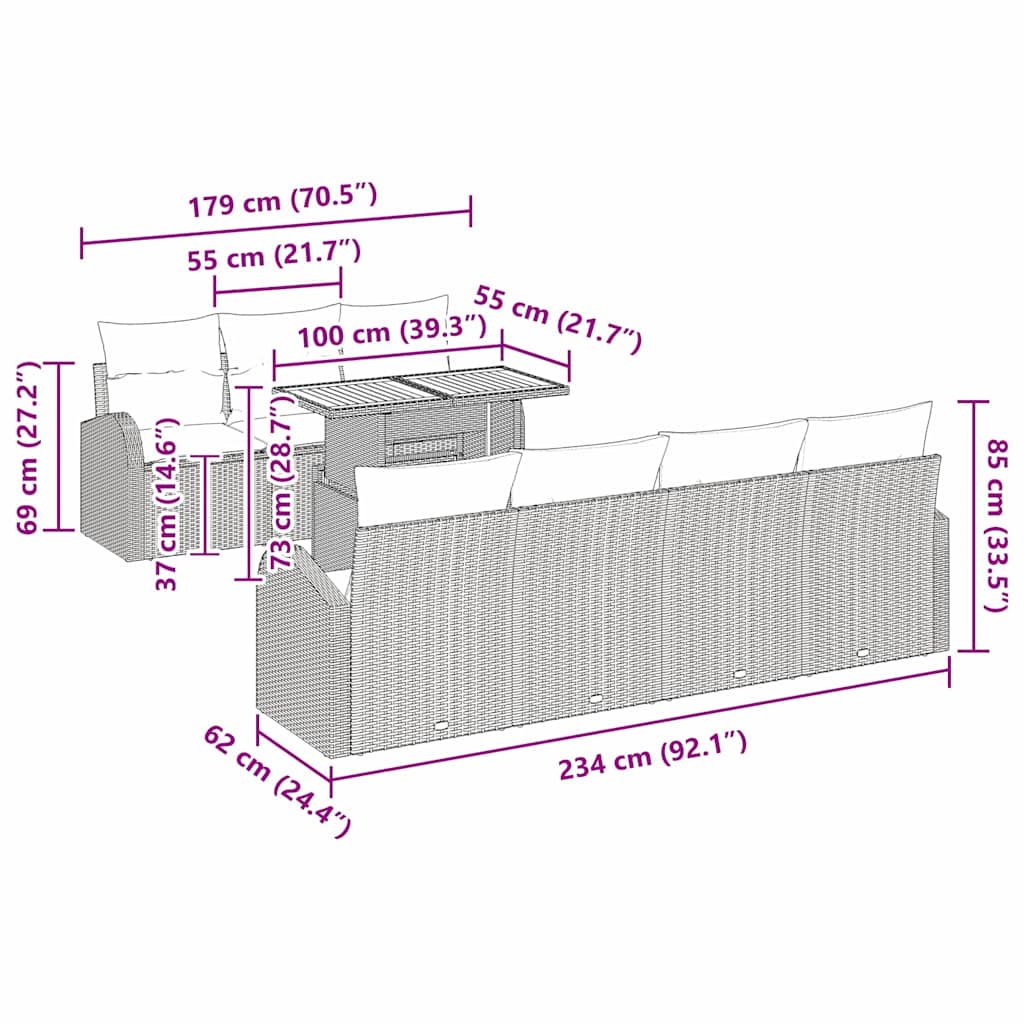 Sjedeća garnitura za vrt s pohranom 8 pcs Siva Poli ratan
