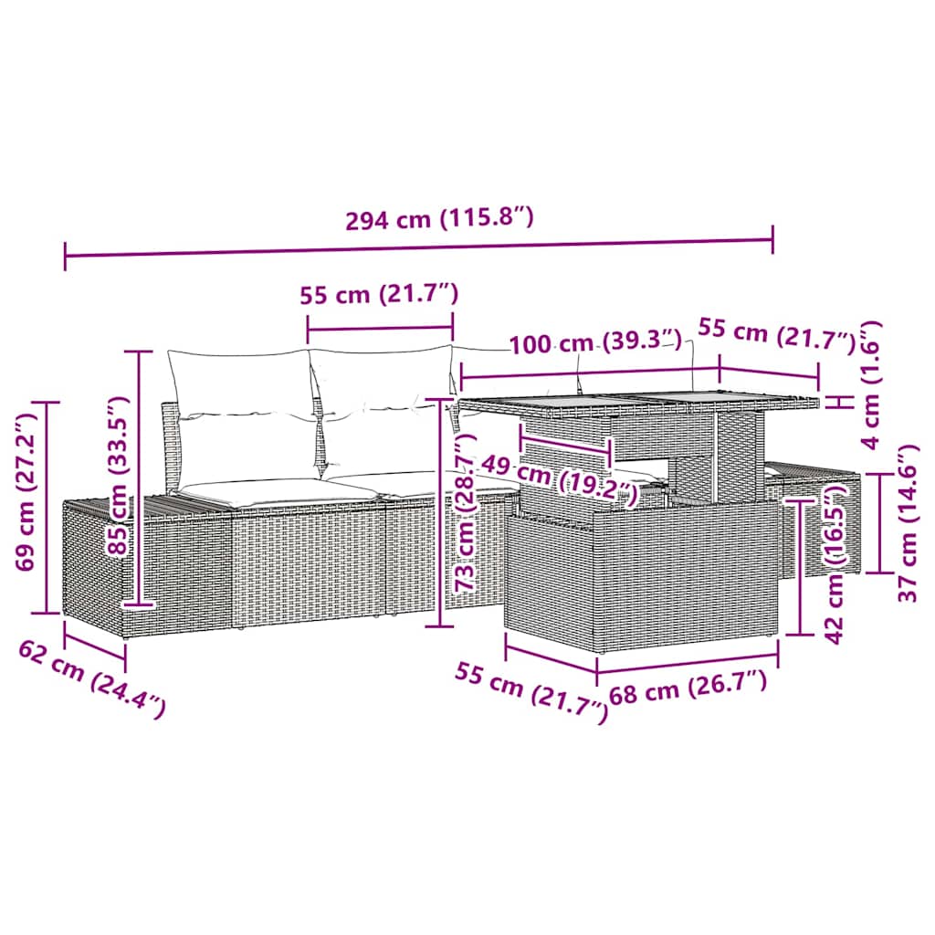 Sjedeća garnitura za vrt s pohranom 5 pcs Siva Poli ratan