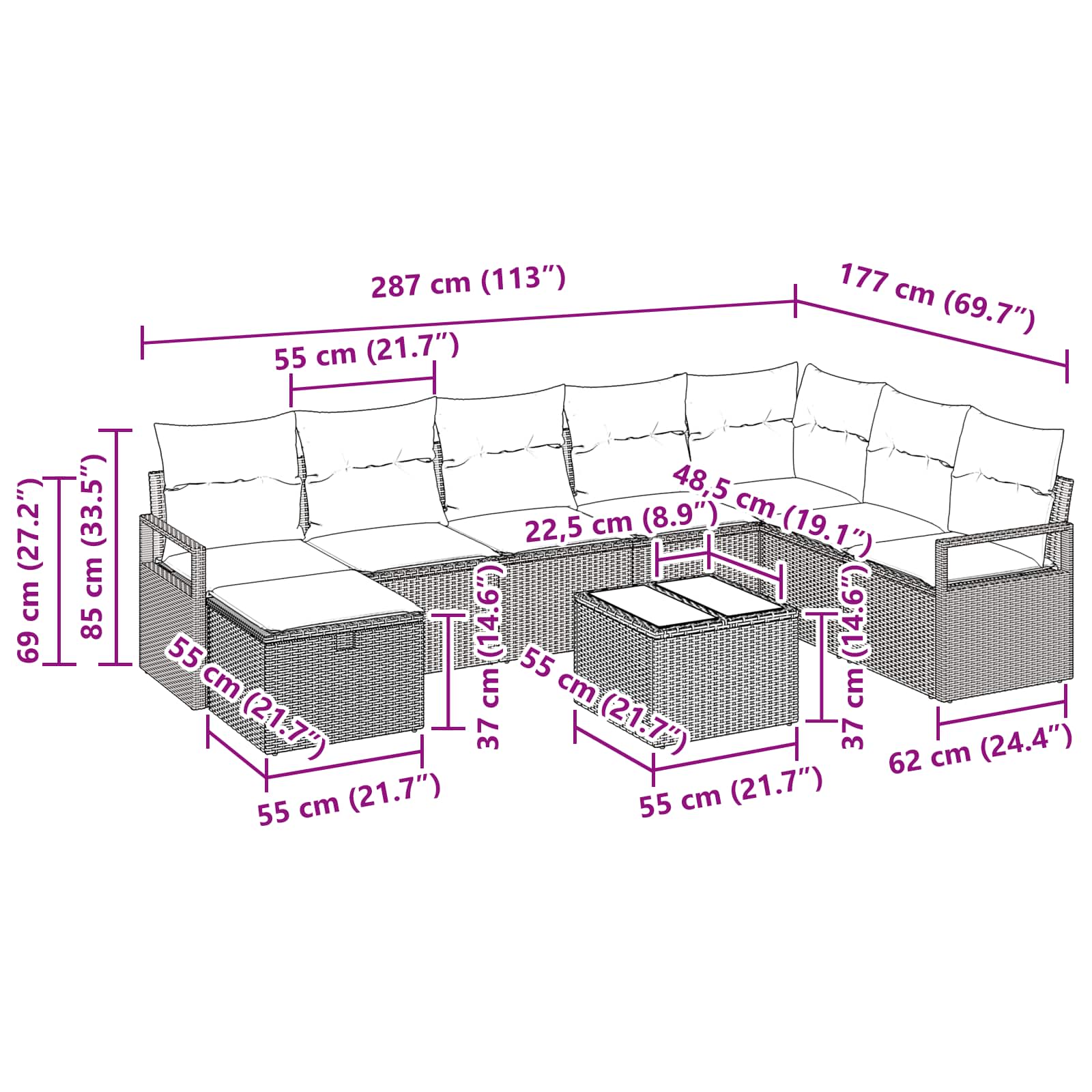 Set sofe s jastukom s pohranom 9 pcs Siva poliratan