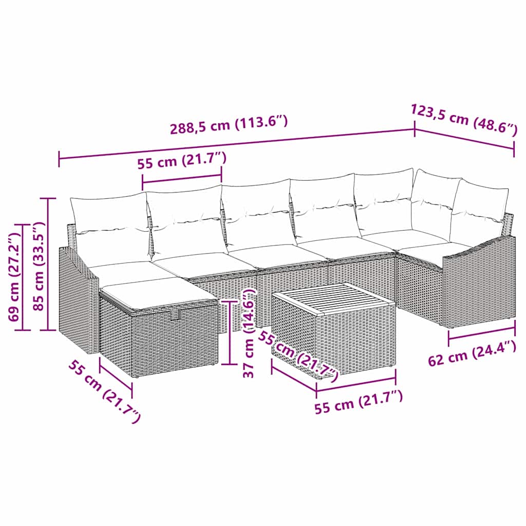 Sjedeća garnitura za vrt 8 kom. Siva poliratan 288,5 x 123,5 x 85 cm