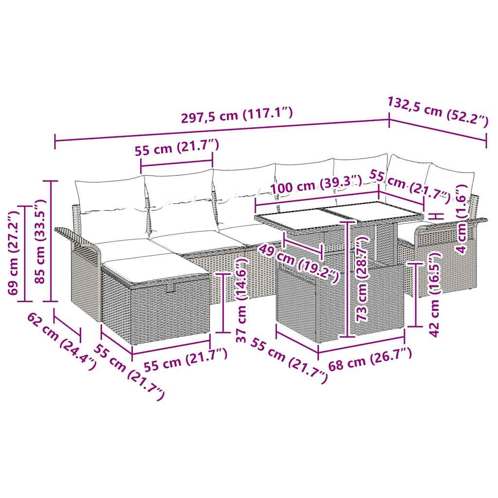 Sjedeća garnitura za vrt 8 kom. Crna poliratan 297.5 x 132.5 x 85 cm