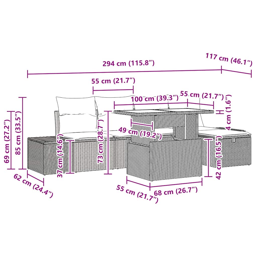 Sjedeća garnitura za vrt s jastukom s pohranom 6 pcs Poli ratan