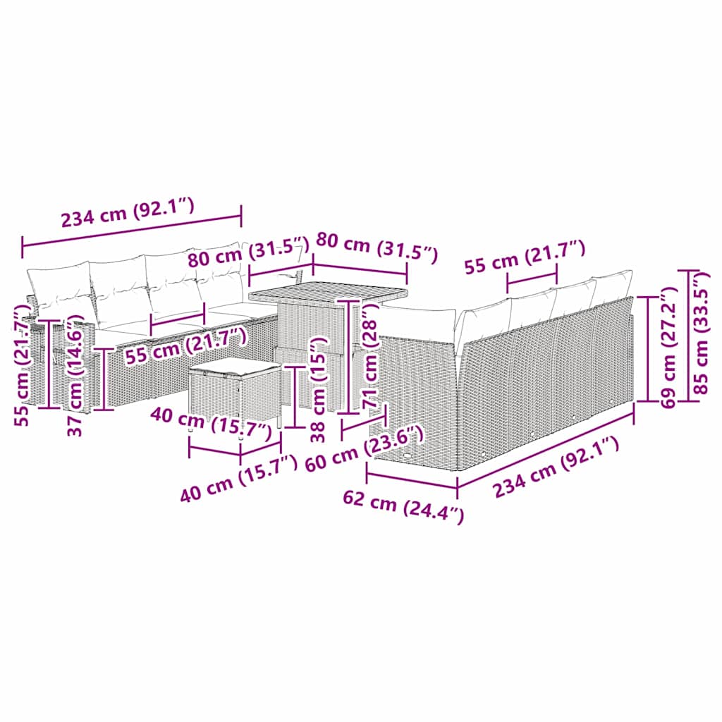 Sjedeća garnitura za vrt s pohranom 11 pcs Siva Poli ratan