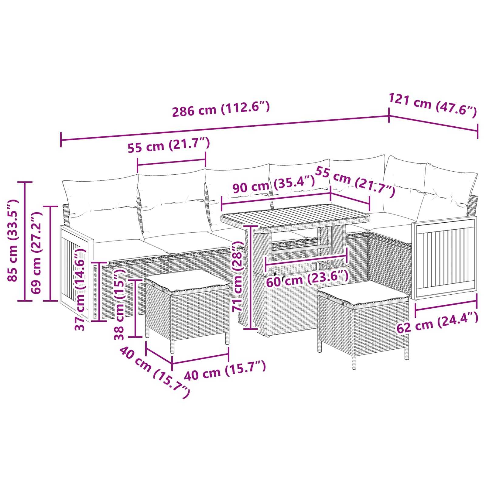 Sjedeća garnitura za vrt s jastukom 9 pcs Crna i Krema