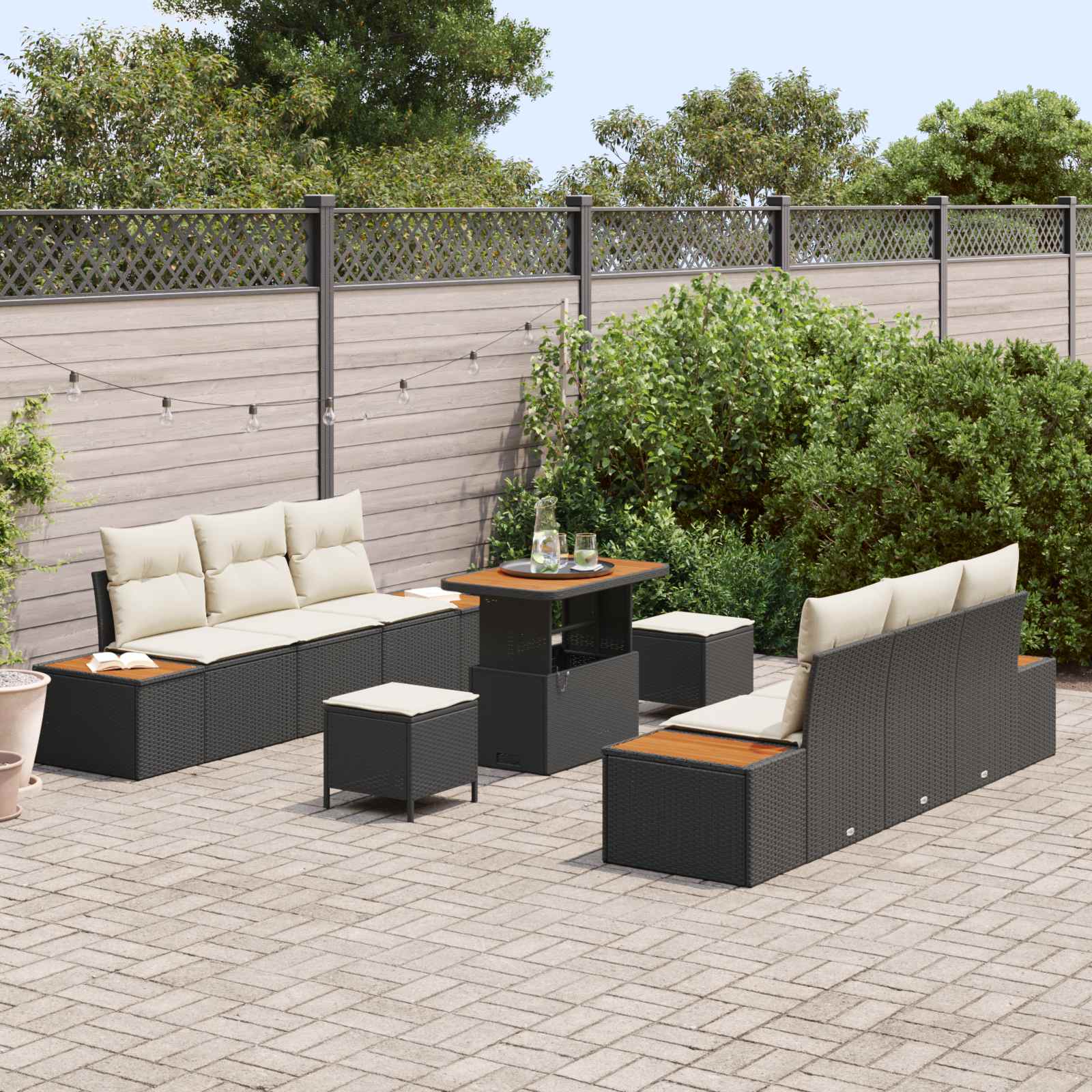 Sjedeća garnitura za vrt s jastukom 9 pcs Crna i Krema
