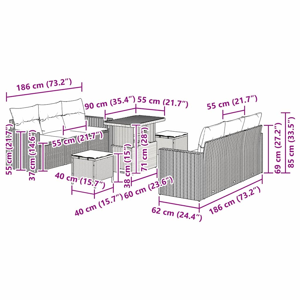 Sjedeća garnitura za vrt s jastukom 9 pcs Crna i krem