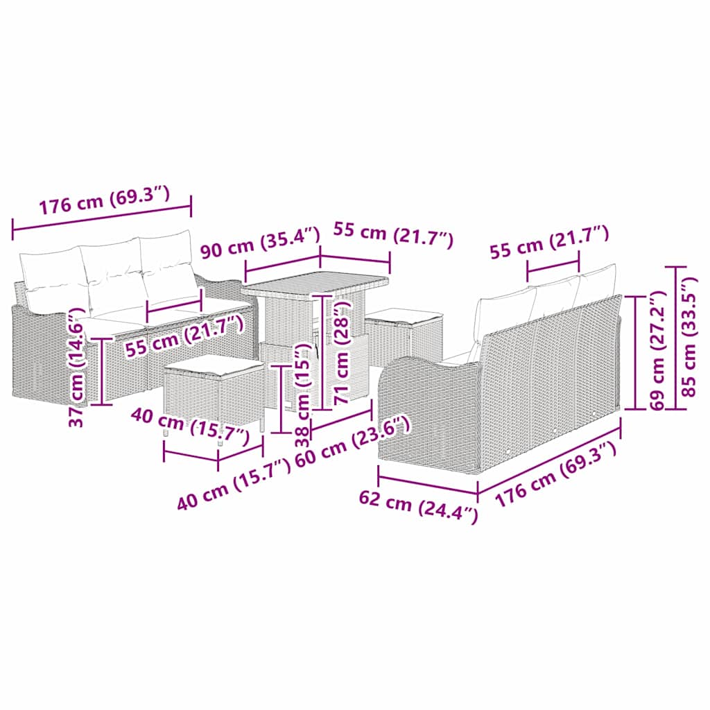 Sjedeća garnitura za vrt s jastukom s pohranom 9 pcs Siva