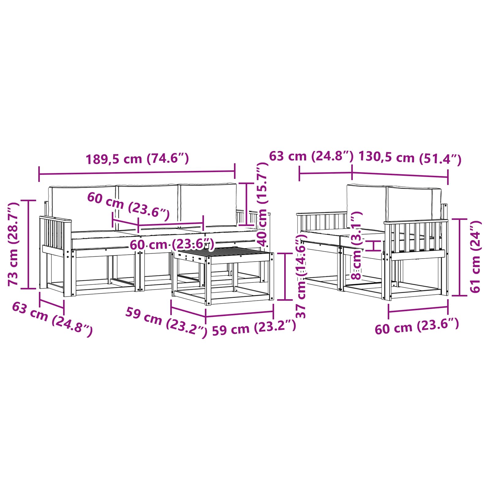 Set vanjskih sofa s jastukom 6 pcs Prirodna i bež