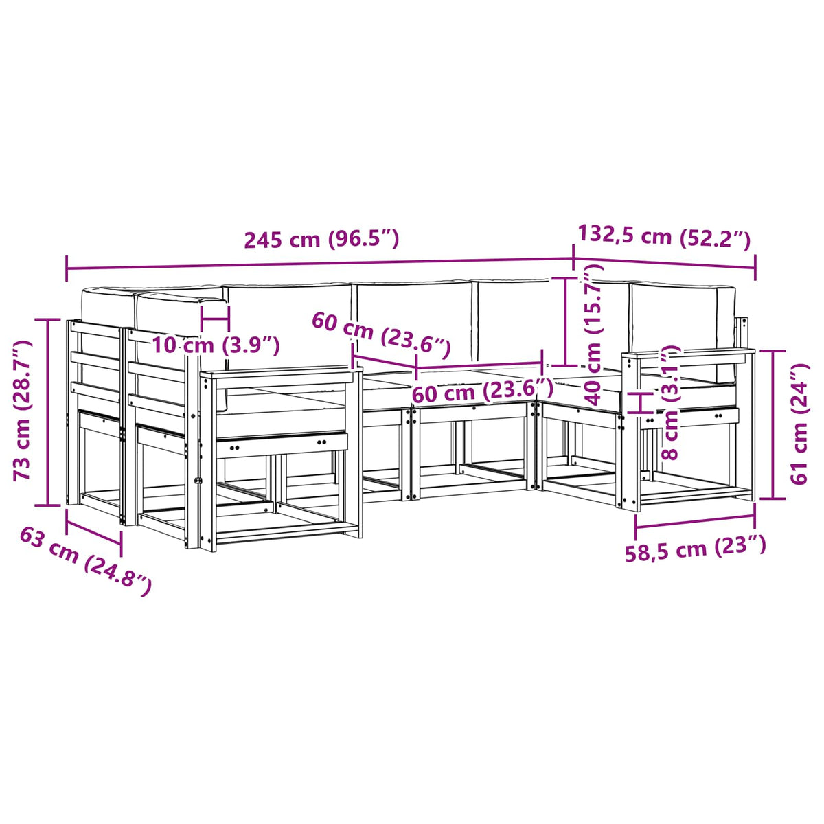 Set vanjskih sofa 6 kom. Prirodna i krem Smeđa 245 x 132,5 x 73 cm