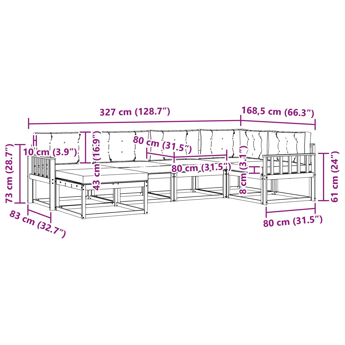 Set vanjskih sofa 6 kom. Prirodna i bež Smeđa 327 x 168,5 x 73 cm