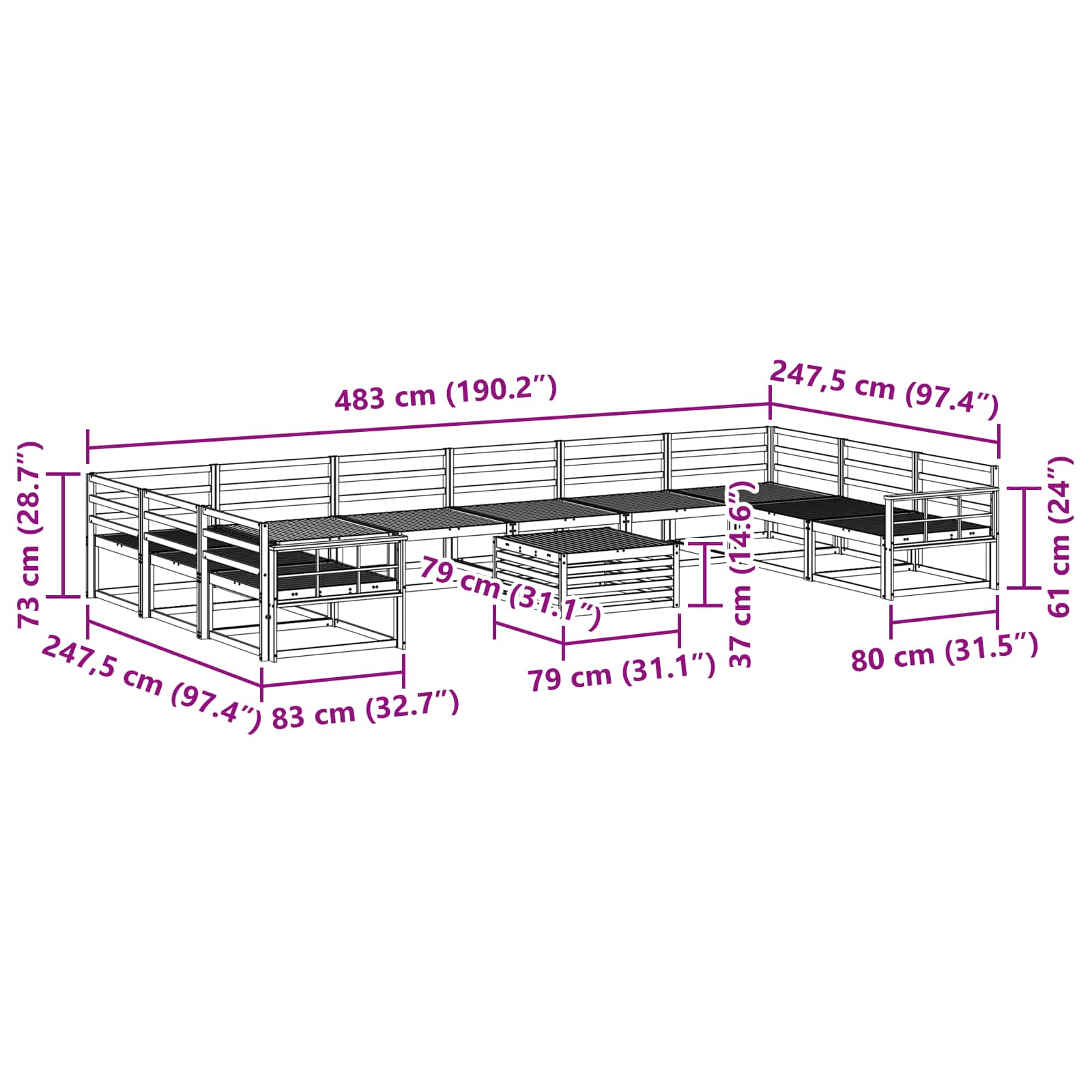 Set vanjskih sofa 11 pcs Prirodna Čvrsto drvo akacije