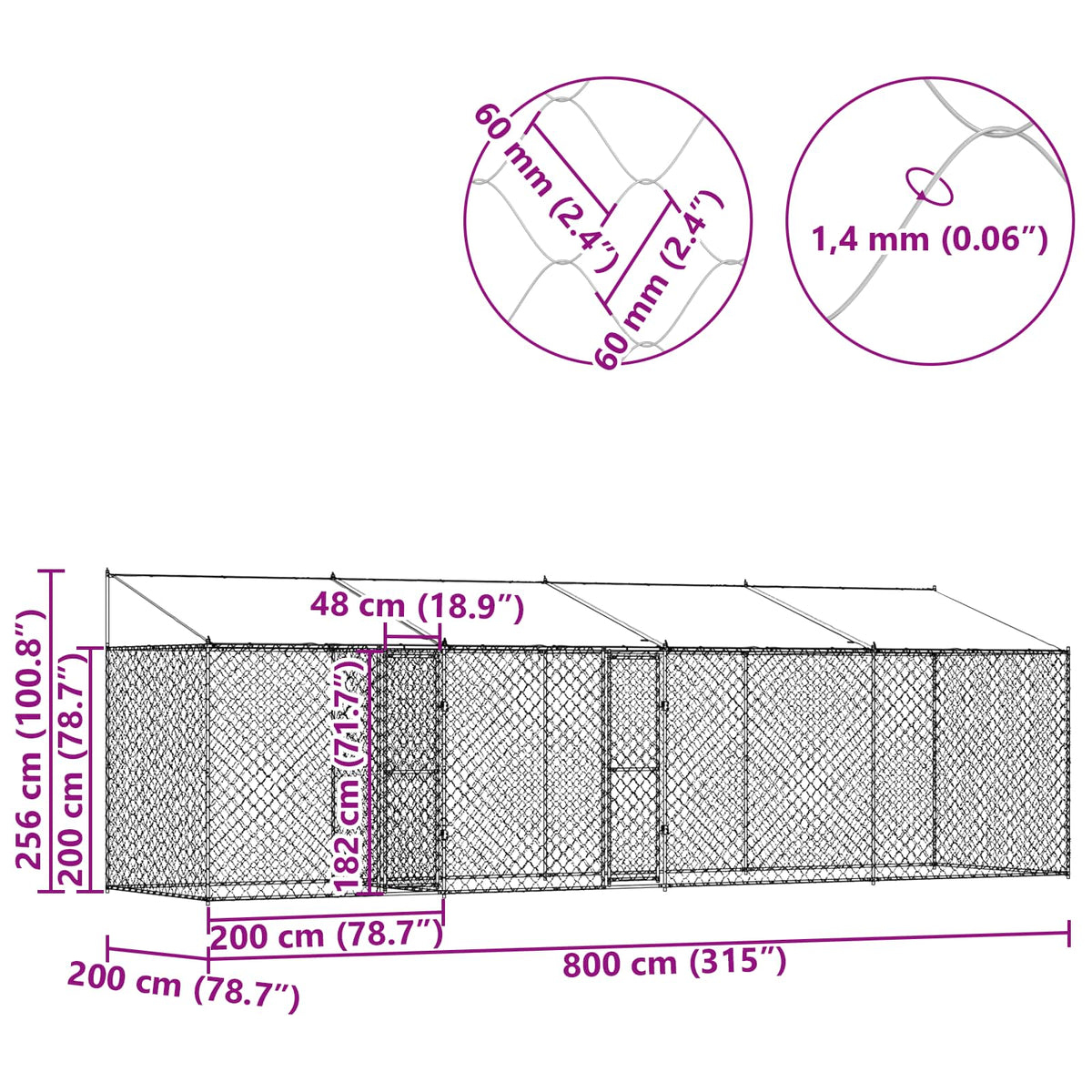 Kavez za psa s krovom Srebrna 800 x 200 x 256 cm Čelik i PE
