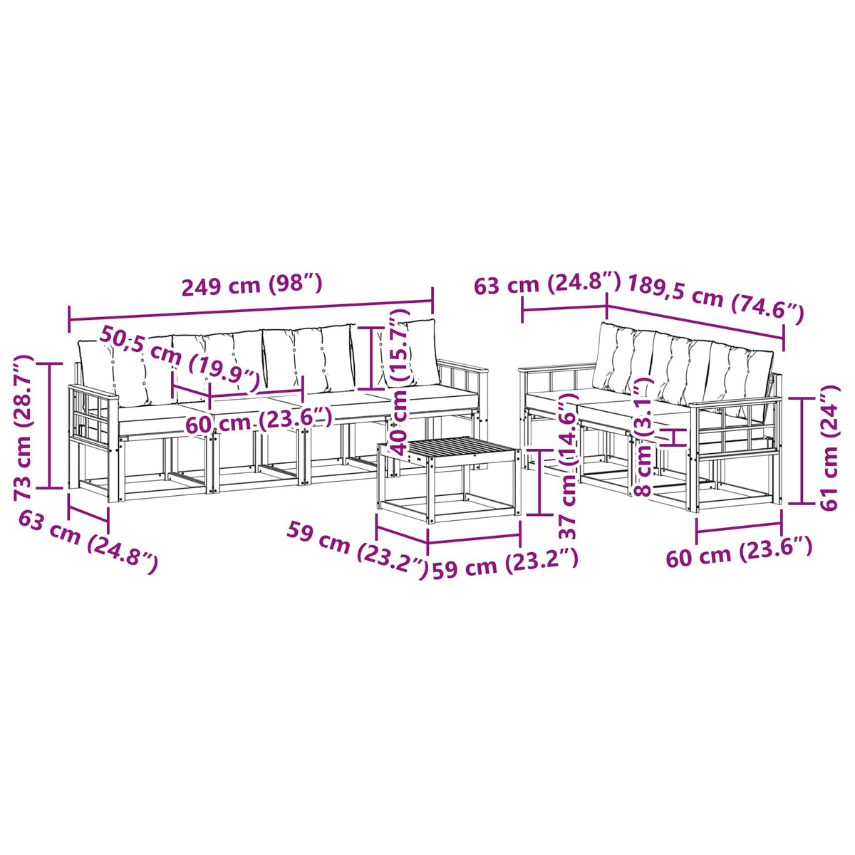 Set vanjskih sofa 8 kom. Prirodna i crna