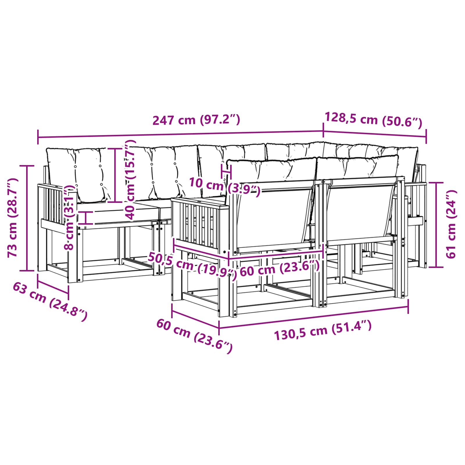 Set vanjskih sofa s jastukom 7 pcs Prirodna i crna