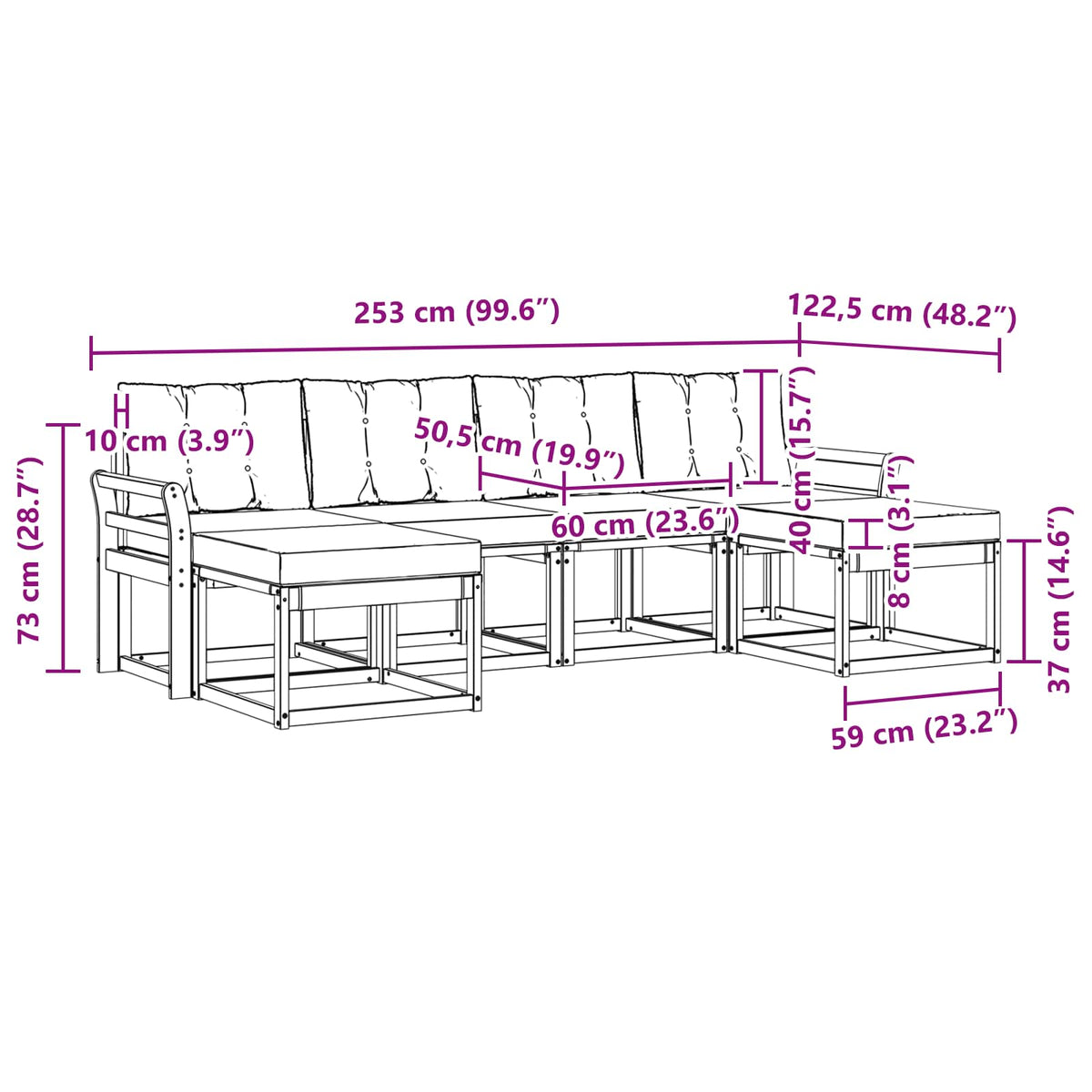 Set vanjskih sofa 6 kom. Prirodna i krem Smeđa 253 x 122,5 x 73 cm
