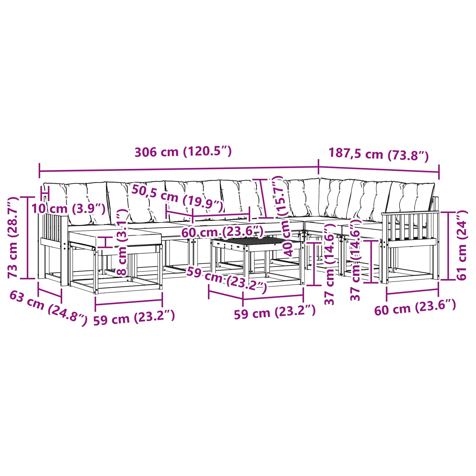 Set vanjskih sofa s jastukom 9 pcs Prirodna i crna