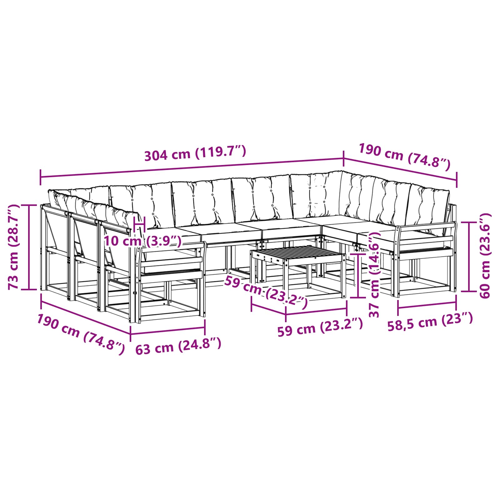 Set vanjskih sofa s jastukom 10 pcs Prirodna i crna