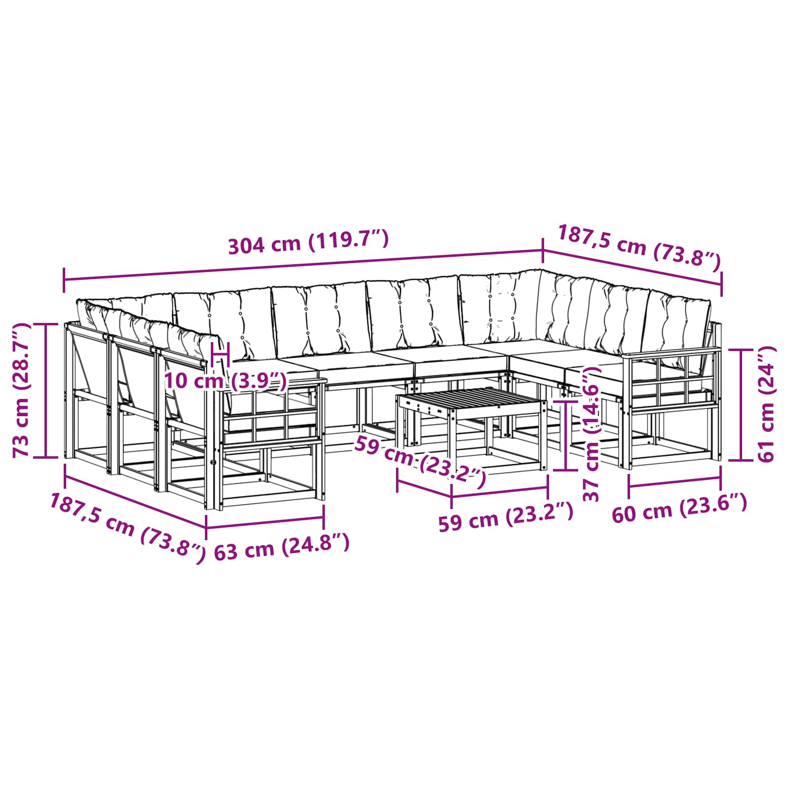 Set vanjskih sofa s jastukom 10 pcs Prirodna i svijetlo siva