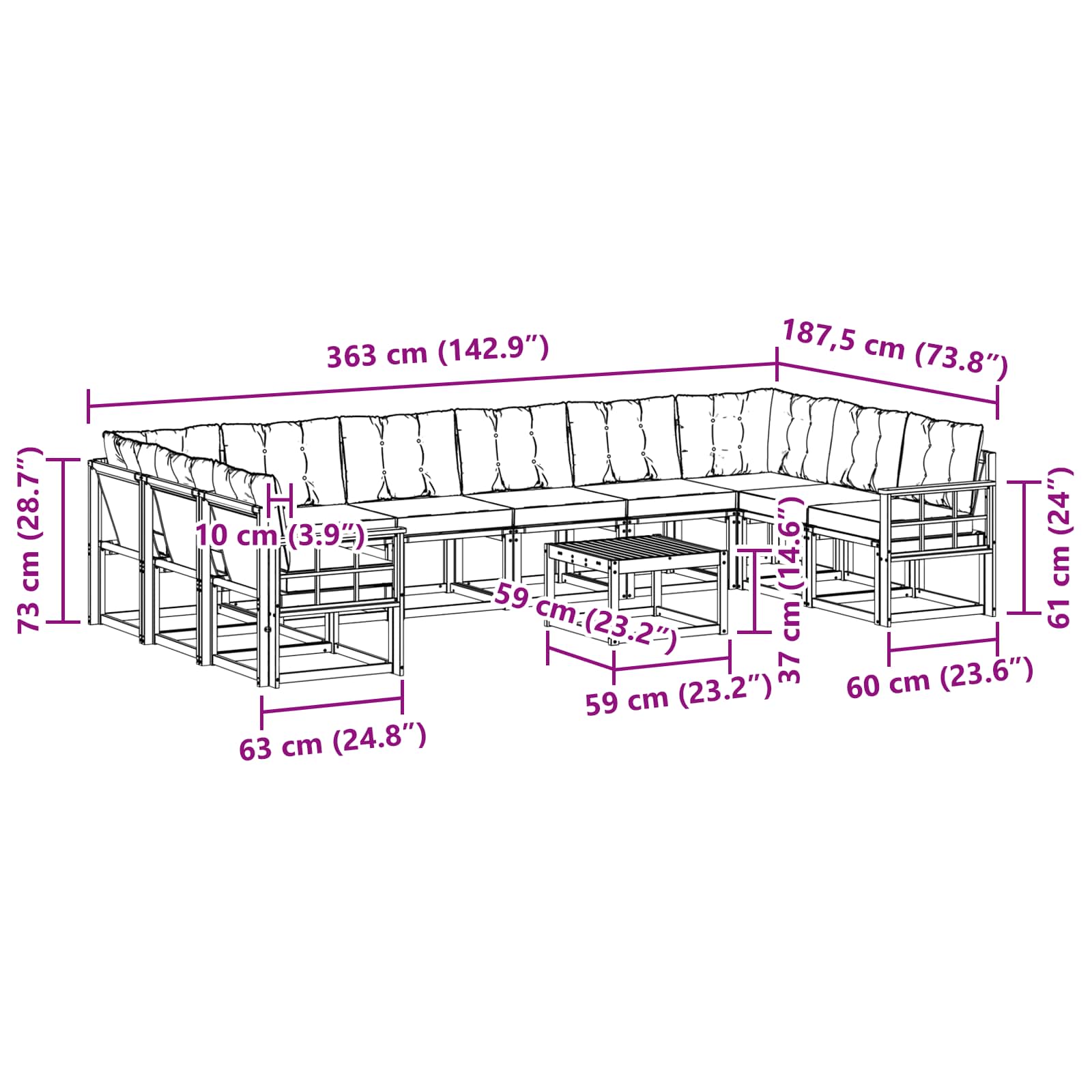 Set vanjskih sofa s jastukom 11 pcs Prirodna i svijetlo siva