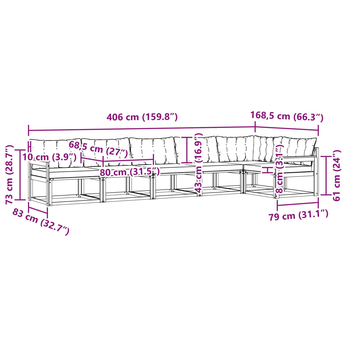 Set vanjskih sofa 6 kom. Prirodna i bež Smeđa 406 x 168,5 x 73 cm