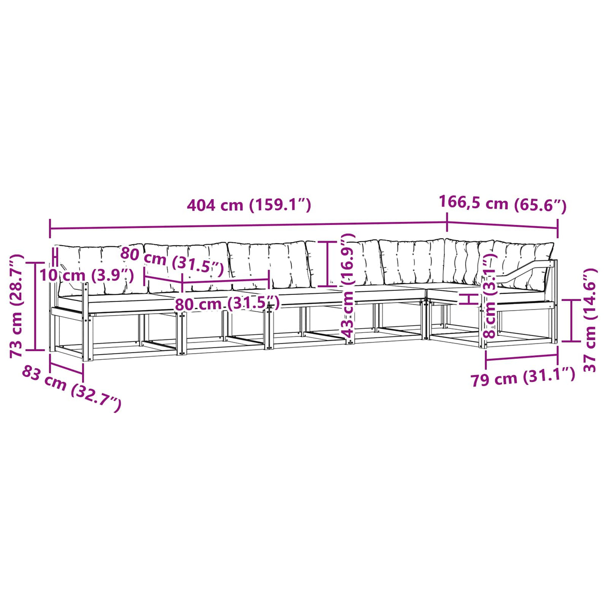 Set vanjskih sofa 6 kom. Prirodna i bež Smeđa 404 x 166,5 x 73 cm