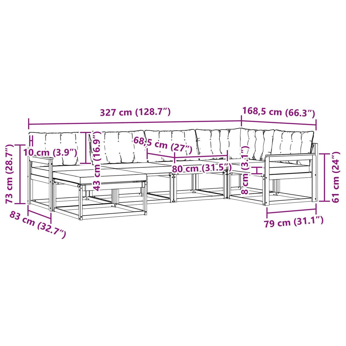 Set vanjskih sofa 6 kom. Prirodna i svijetlo siva Smeđa 327 x 168,5 x 73 cm