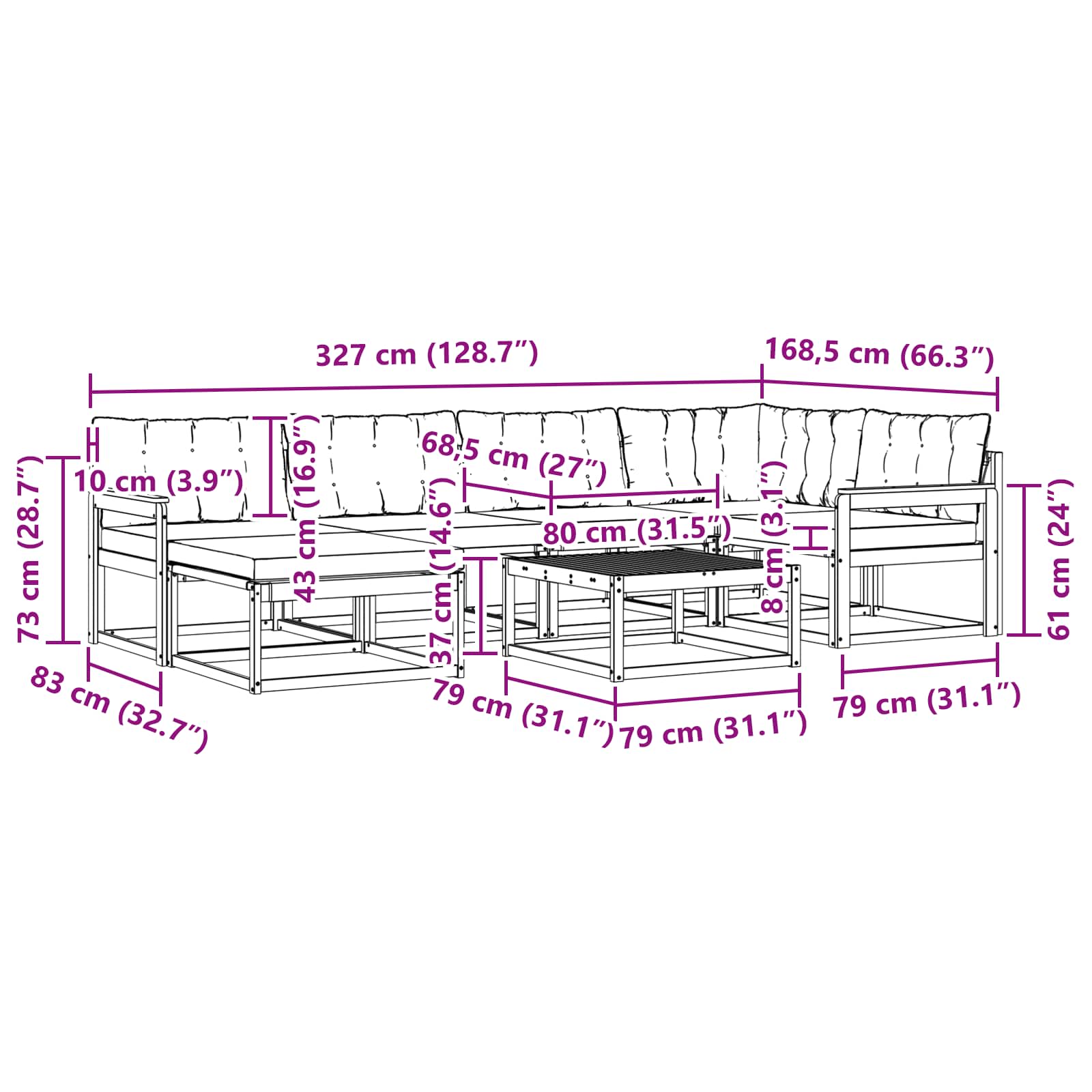 Set vanjskih sofa 19 pcs Prirodna i bež Čvrsto drvo akacije