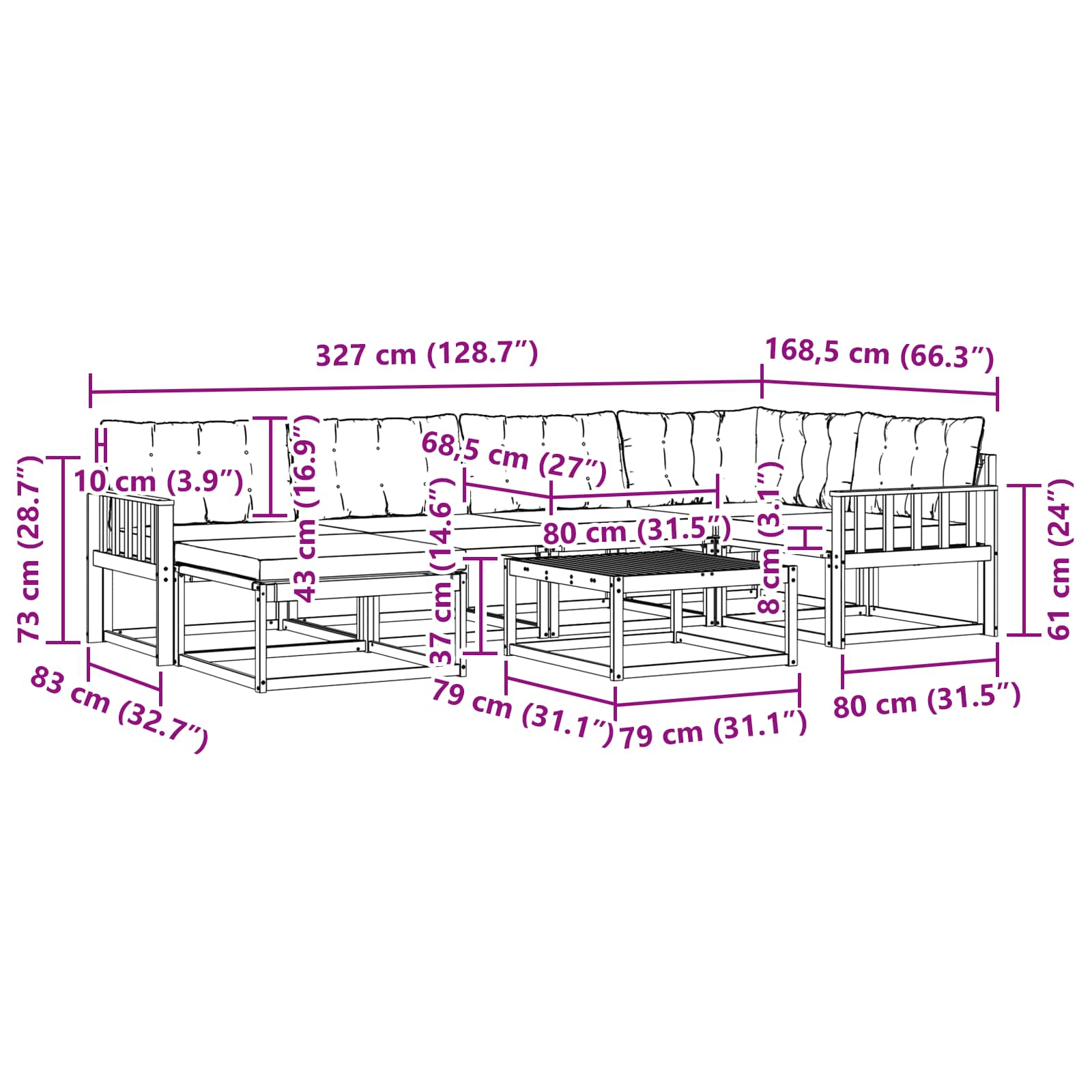 Set vanjskih sofa 19 pcs Prirodna i crna Čvrsto drvo akacije