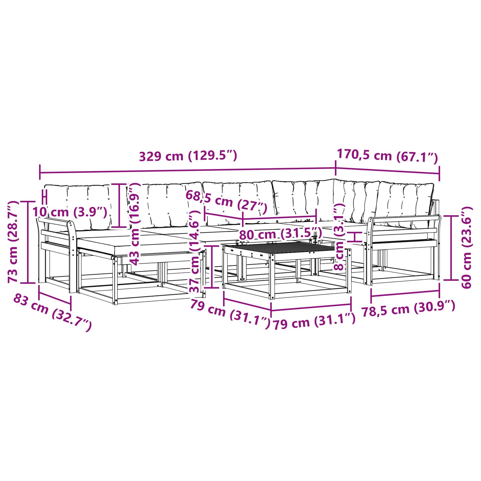 Set vanjskih sofa 19 pcs Prirodna i crna Čvrsto drvo akacije