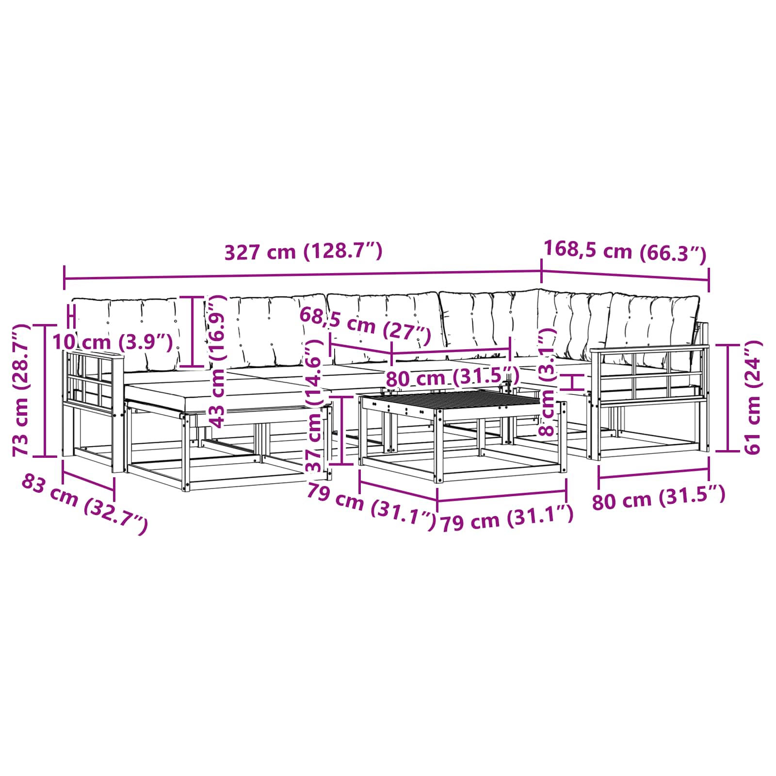Set vanjskih sofa 19 pcs Prirodna i krem Čvrsto drvo akacije