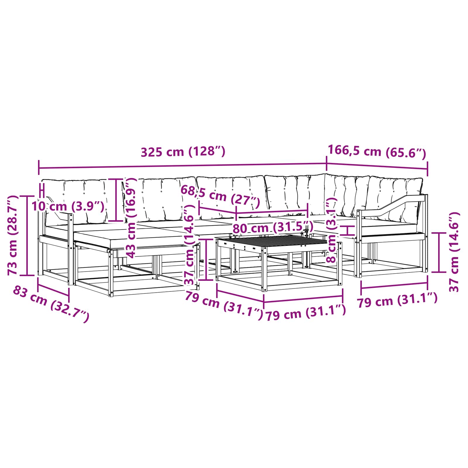 Set vanjskih sofa 19 pcs Prirodna i crna Čvrsto drvo akacije