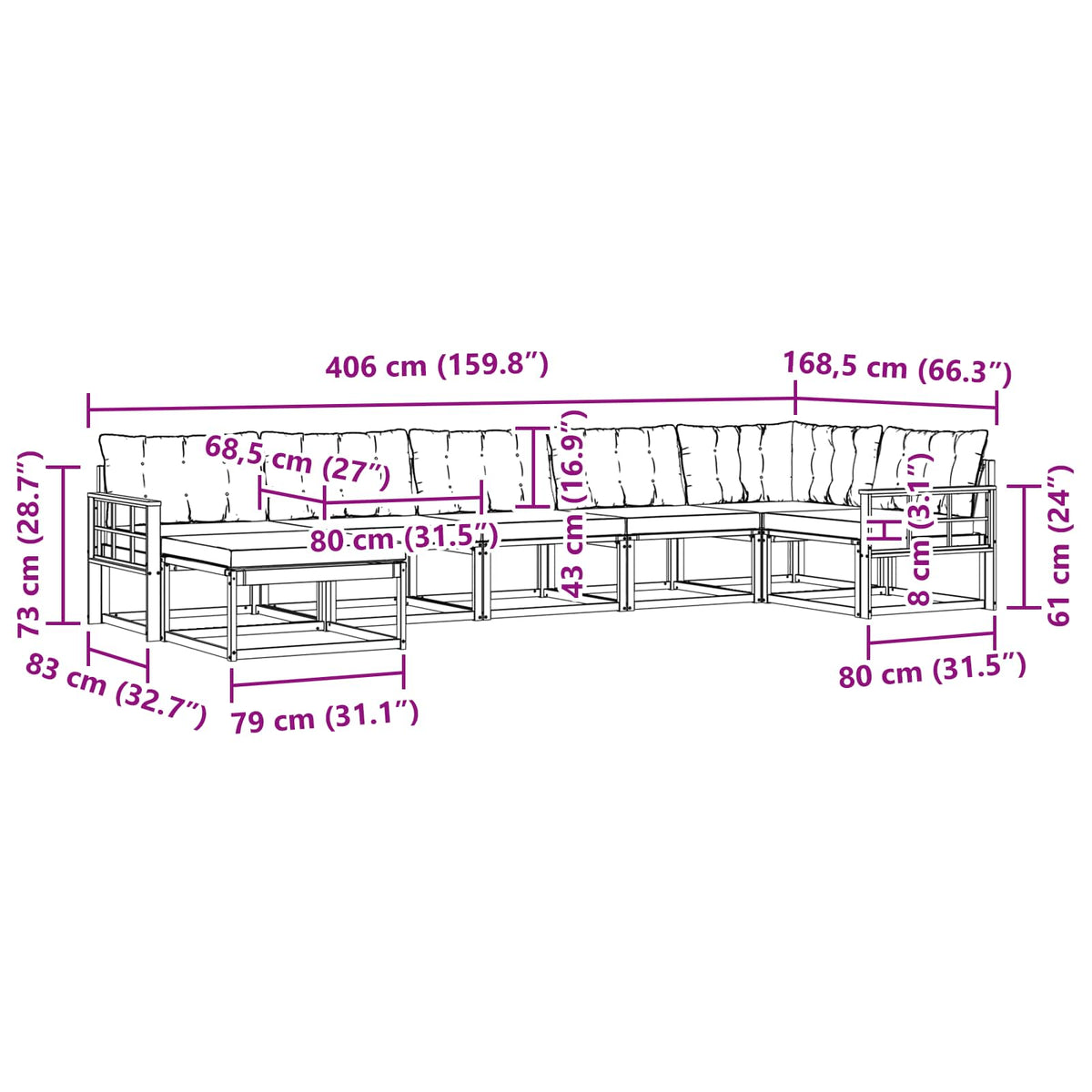Set vanjskih sofa 7 kom. Prirodna i krem Čvrsto drvo akacije