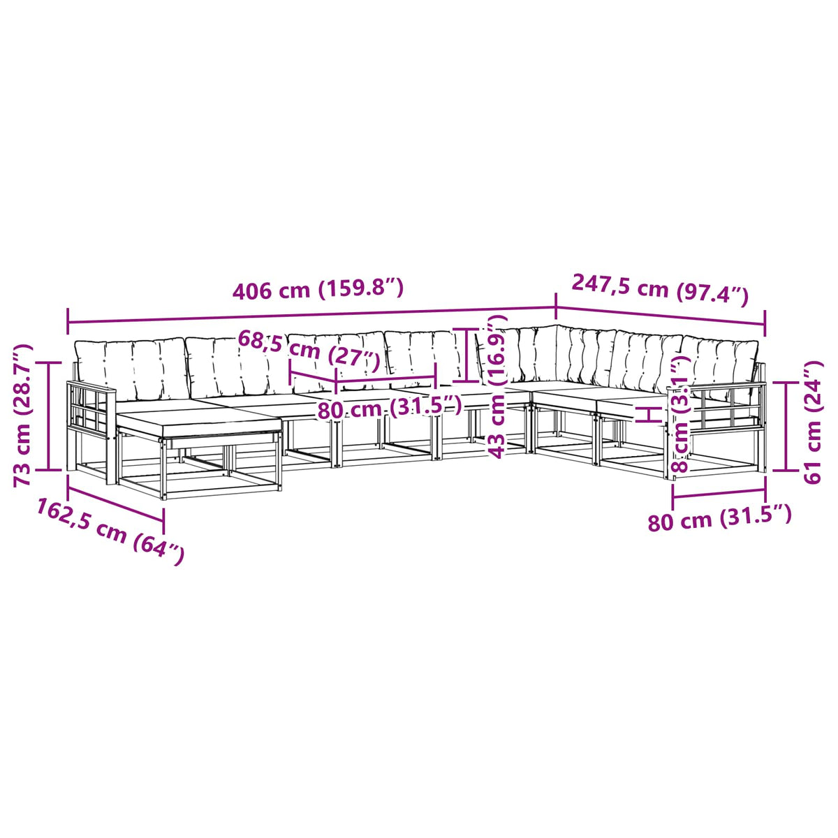 Set vanjskih sofa 8 kom. Prirodna i crna Čvrsto drvo akacije
