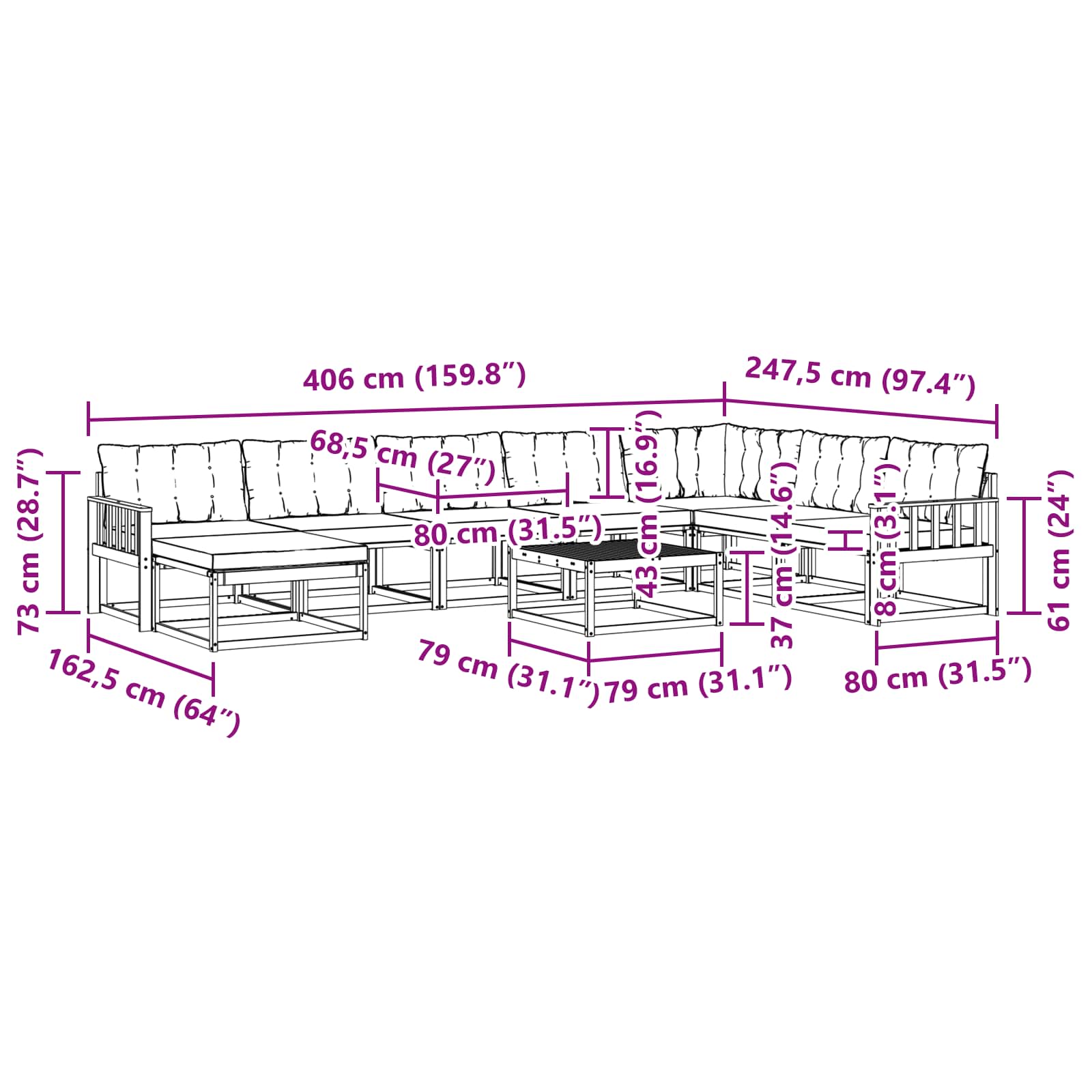 Set vanjskih sofa 9 pcs Prirodna i krem Čvrsto drvo akacije