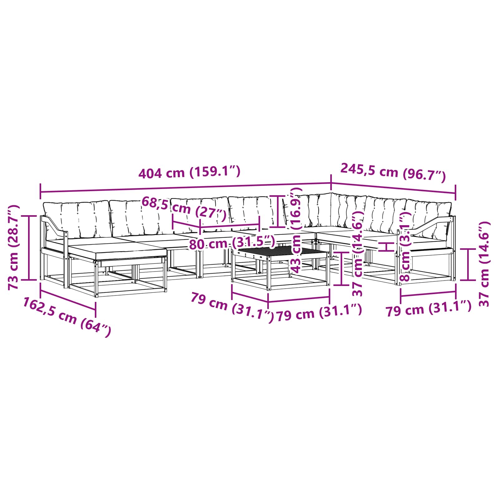 Set vanjskih sofa 9 pcs Prirodna i krem Čvrsto drvo akacije