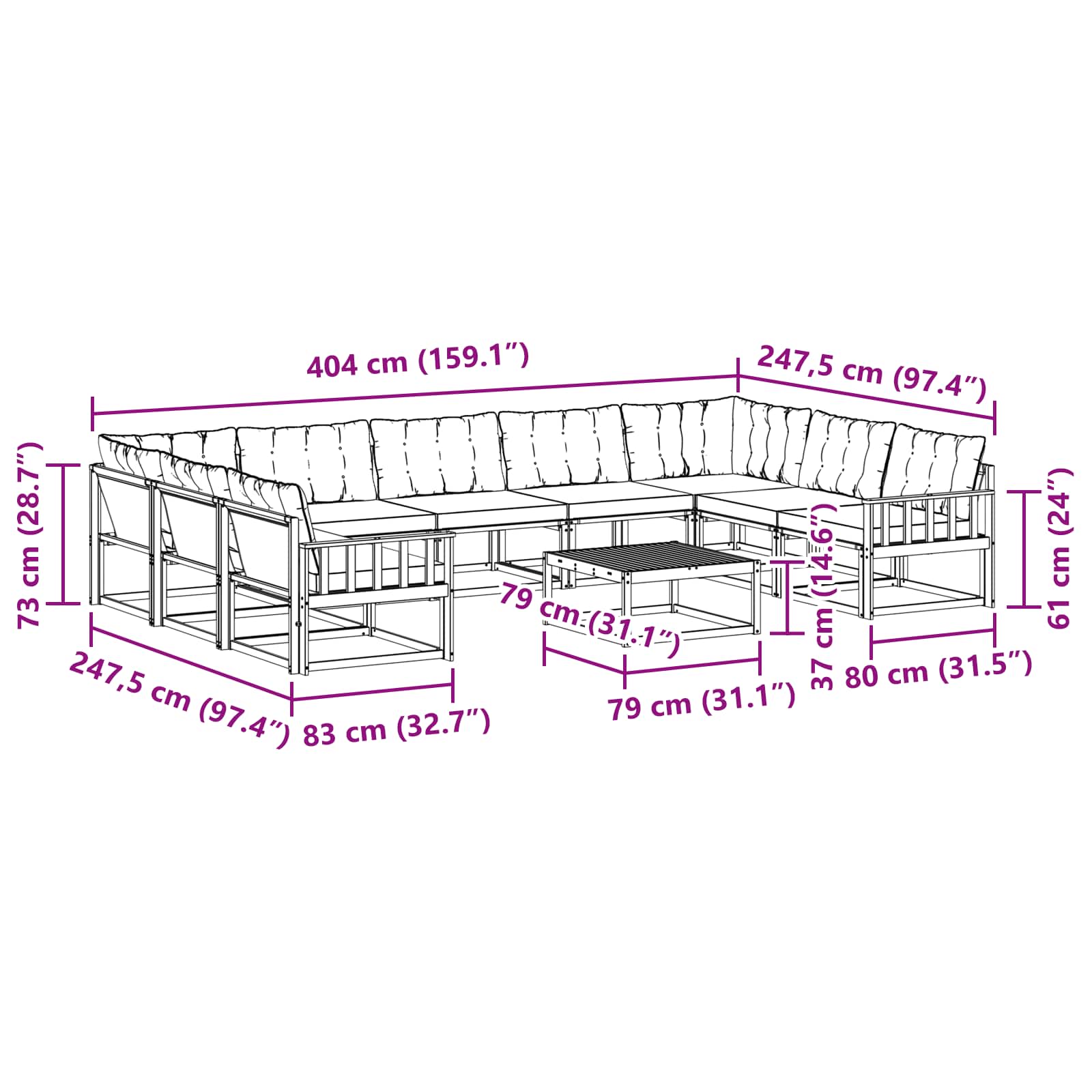 Set vanjskih sofa s jastukom 10 pcs Prirodna i crna