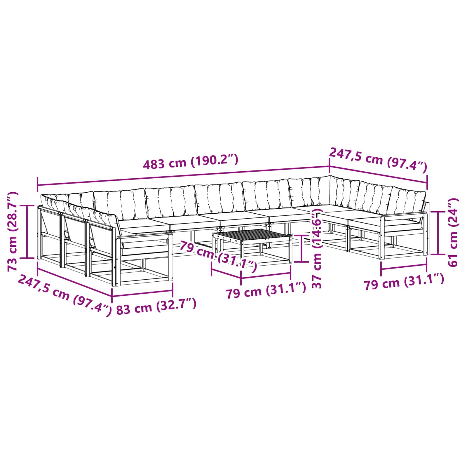 Set vanjskih sofa s jastukom 11 pcs Prirodna i svijetlo siva