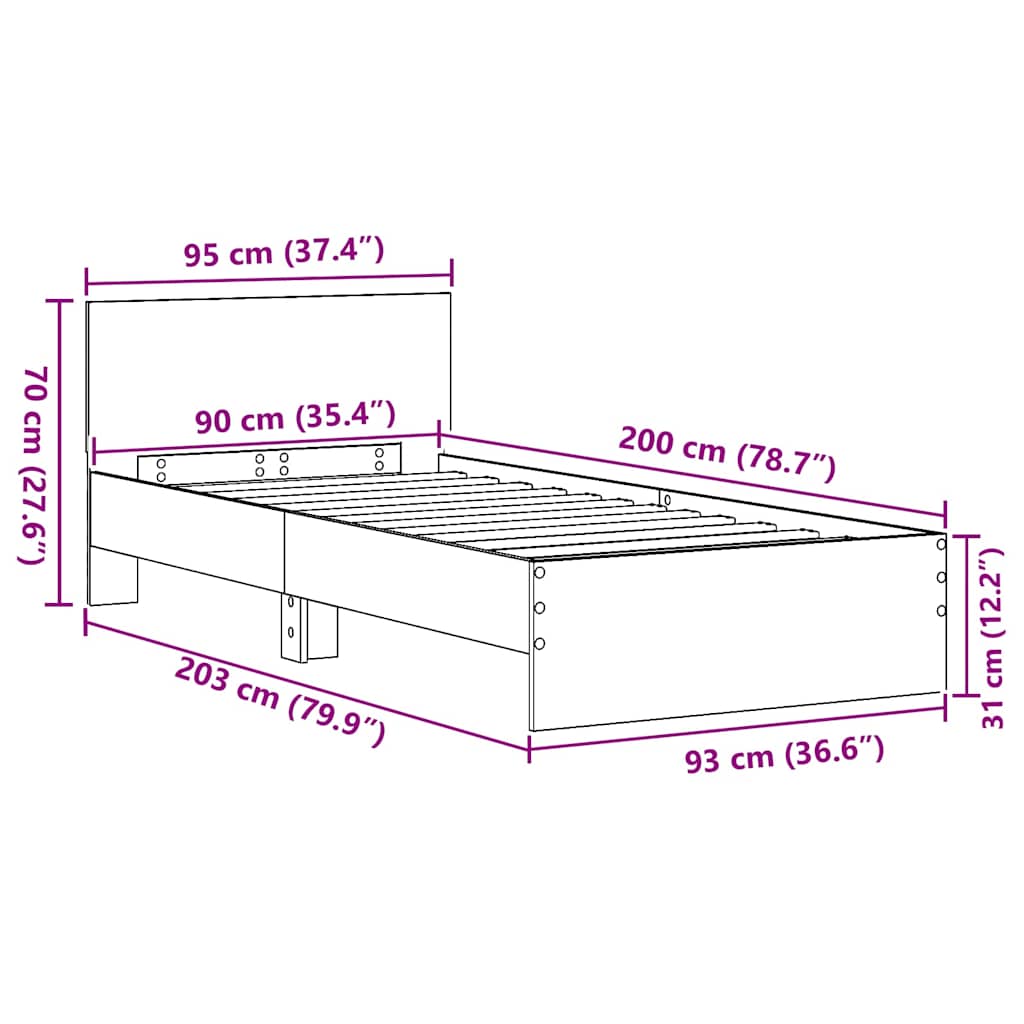 Krevetna konstrukcija s uzglavljem Umjetnički hrast 90 x 200 cm