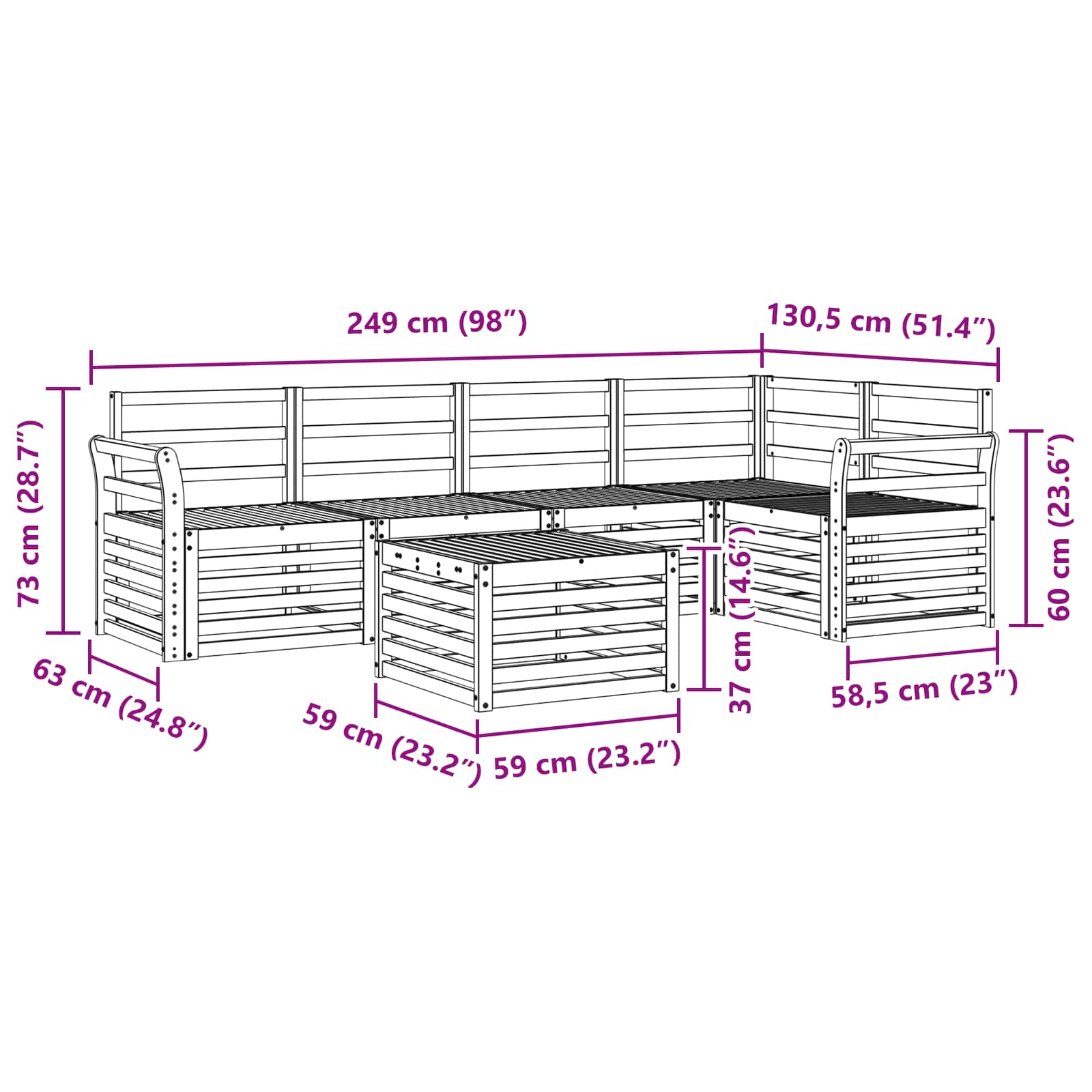 Sekcijska garnitura 6 pcs Prirodna Čvrsto drvo akacije
