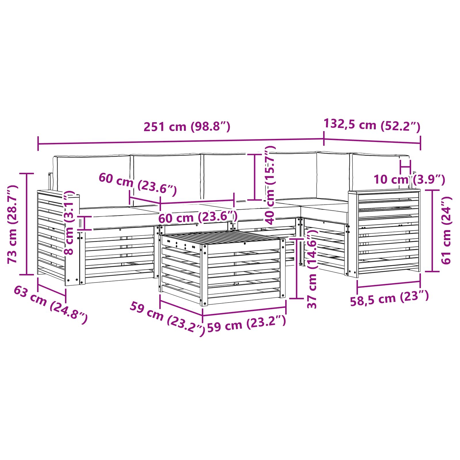 Sekcijska garnitura 6 pcs Prirodna i krem Čvrsto drvo akacije