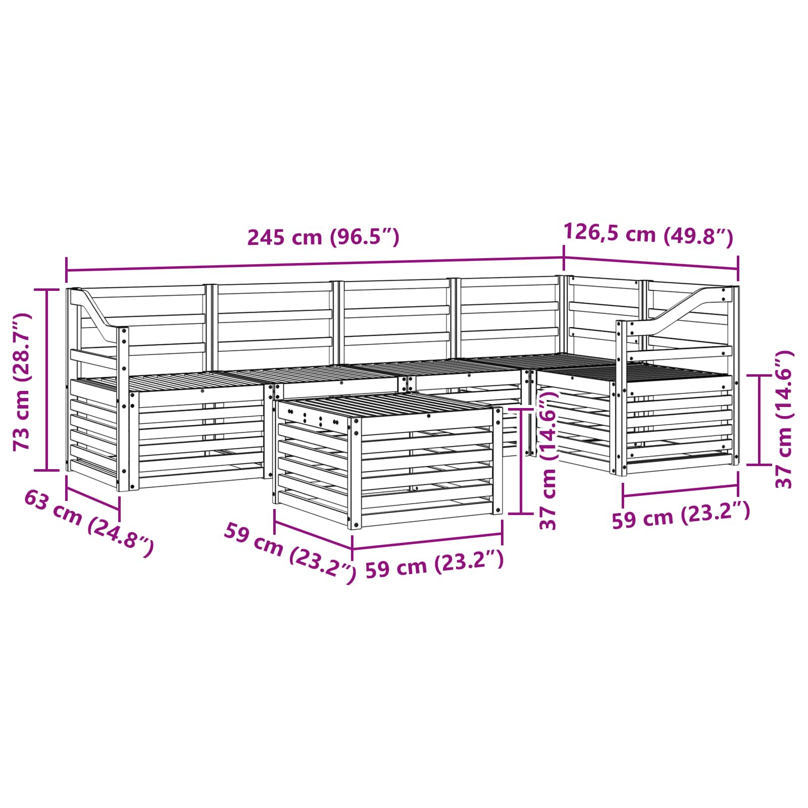 Sekcijska garnitura 6 pcs Prirodna Čvrsto drvo akacije