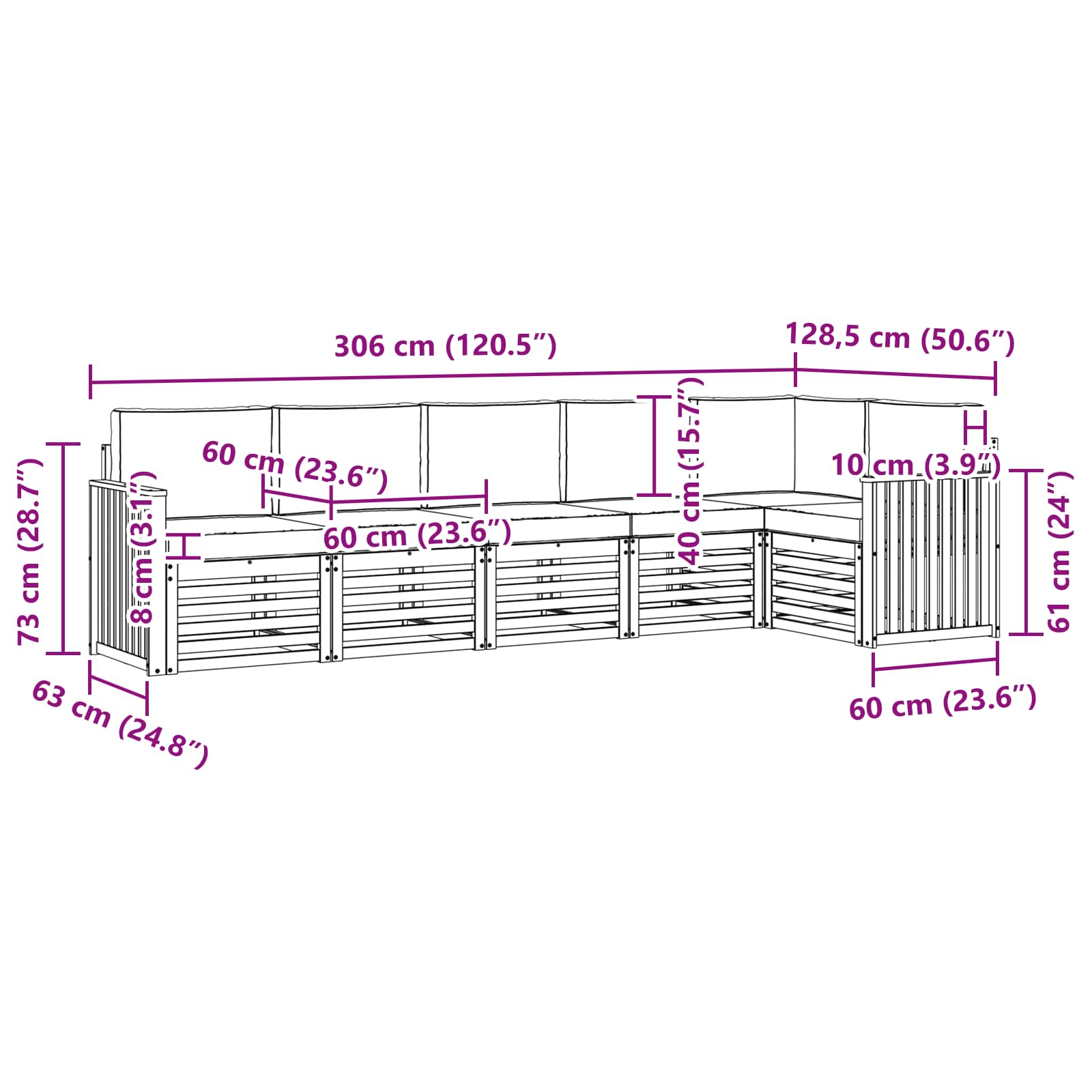 Sekcijska garnitura 6 pcs Prirodna i krem Čvrsto drvo akacije