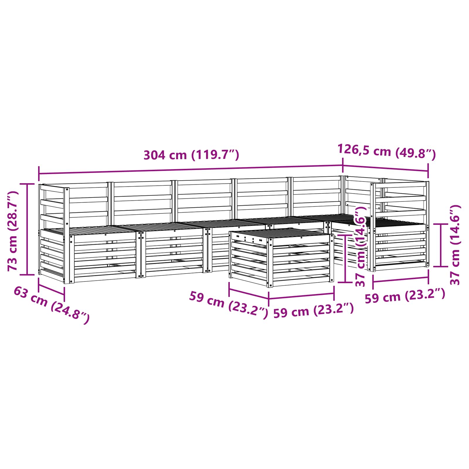 Sekcijska garnitura 7 pcs Prirodna Čvrsto drvo akacije